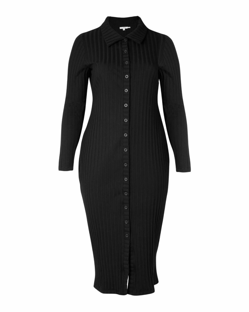 Front of a size 4 Wide Rib Button Down Midi Dress in BLACK by Good American. | dia_product_style_image_id:225803